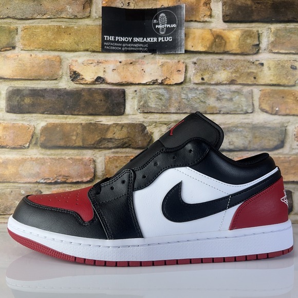 Mens 10 - Nike Air Jordan 1 Low Shoes Bred Toe 2.0 White Black Varsity Red - Picture 1 of 15